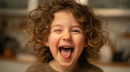 A child with curly hair laughs joyfully while sitting at a table in a bright room. The child enjoys a moment of fun.の素材