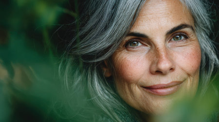 A woman with gray hair smiles while surrounded by green leaves in a natural setting. She shows joy and presence in the moment.の素材