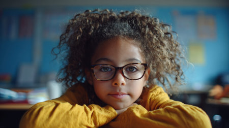 A child with curly hair and glasses rests her head on her arms while looking forward in a classroom setting.の素材