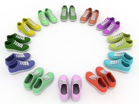 The sports footwear costs on a circle on white backgroundの写真素材