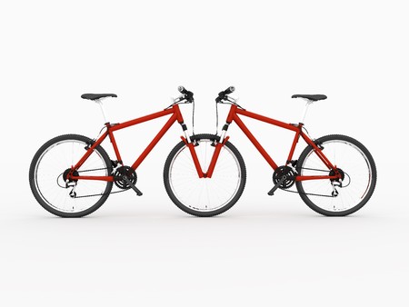 Red Bicycle reflexion in emptiness. Isolated on white backgroundの写真素材