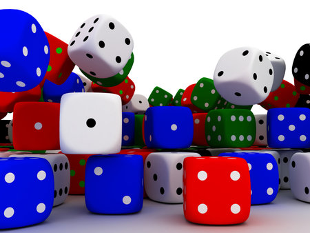 Colored playing dice, put in a bunch. 3d renderの写真素材