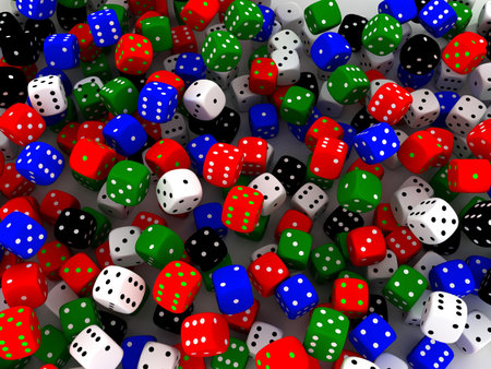 Colored playing dice, put in a bunch. 3d render