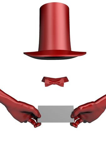 Red magician hat and gloves. Business card in the hands. On whiteの写真素材