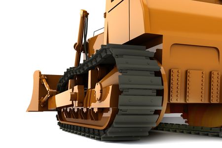 Orange dirty bulldozer isolated on whiite background. Back viewの写真素材