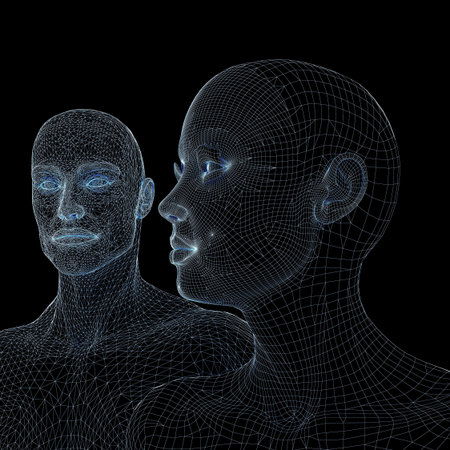 Man and woman mannequins. Done in luminous lines on a black backgroundの写真素材