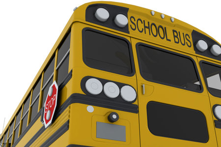 Single yellow school bus isolated on white background. Crop view