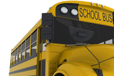 Single yellow school bus isolated on white background. Crop view
