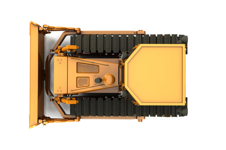 Orange dirty bulldozer isolated on whiite background. Top view