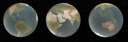 Abstract picture. Globe made of small spheres. On star background. Concept render