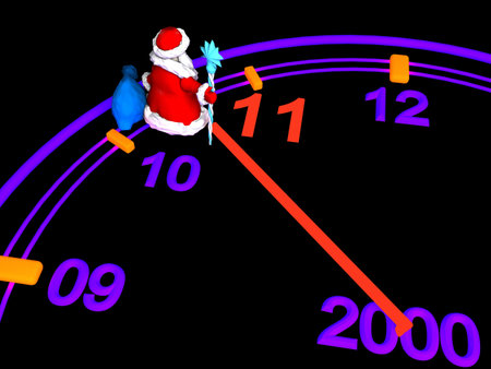 Santa goes on the New Year's clock. On black background. 3d render