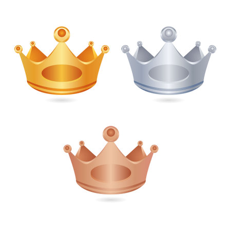 Golden crowns for king or queen, crowning headdress for Monarch. Royal gold monarchy medieval emperor coronation symbol, silver, brown crown design. King crown design for the game.のイラスト素材