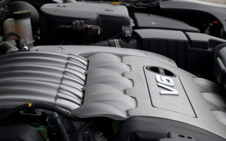 Six cylinder car engine closeup
