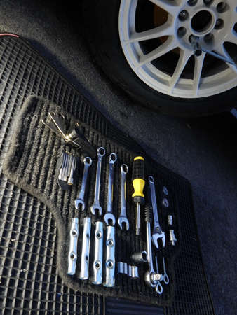 Set of mechanical tools for the car wheels installationの写真素材