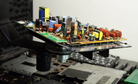 Radio components on electronic board at electronics factory