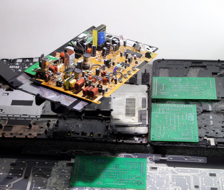 Radio components on electronic board at electronics factory