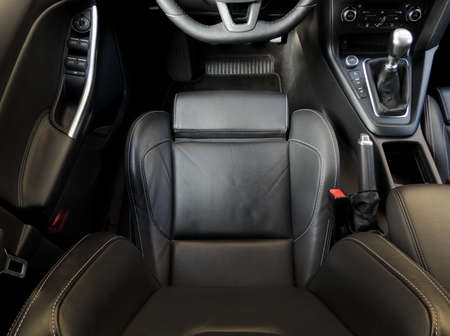 Top point of view on drivers leather seat in carの写真素材