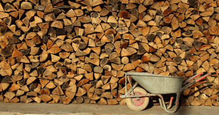 Stack Of Firewood And Dirty Wheelbarrowの写真素材