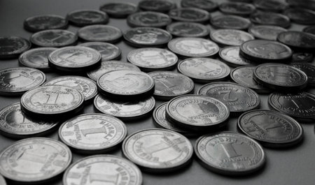 Ukrainian coins in denominations of 1 and 2 hryvnias with grooved edge texture background