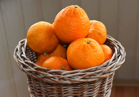 Homemade Woven Pot Full Of Ripe Orange Tangerine Fruits Side View Detailed Stock Photoの写真素材