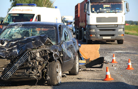 Fencing Road Accident Site By Police Cones On A Highwayの写真素材
