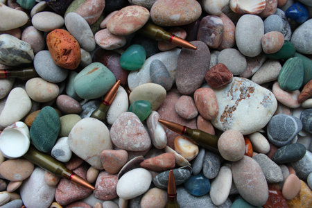 Bullets For a Gun Under Smooth Colored Stones And Seashells Texture Backgroundsの写真素材