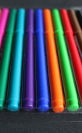 Same Colored Felt Tip Pens Stacked In Plastic Case Vertical Stock Photoの写真素材