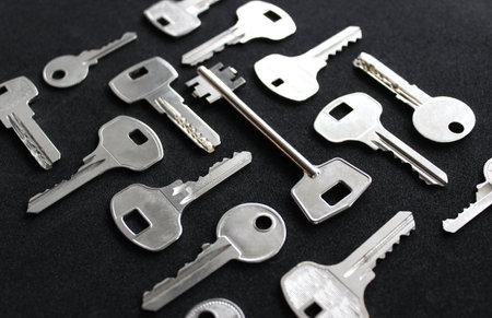 Variety types of metal keys laid out in order isolated on black angle viewの写真素材