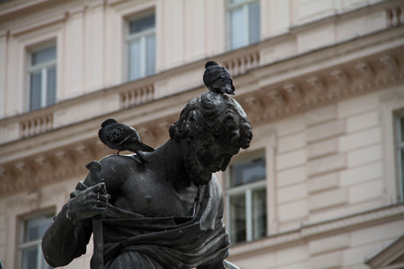 Pigeons sit on the head of an ancient marble sculpture of an ancient heroの写真素材