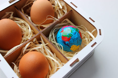 Square Wood Box with Raw Brown Eggs on a White Surface Detailed Image. Products Export and Global...