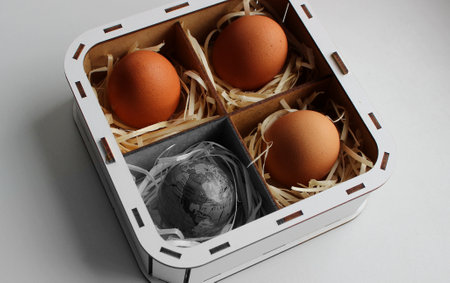 Egg Shortage Concept Photo. Colored Eggs in Wooden Box with Monochrome Globe with America Mapped on It. Illustrative Stock Photo for Global Food Business Illustrationの写真素材