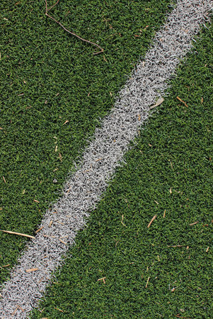 Green artificial lawn with a white painted dividing line texture background