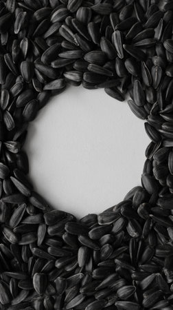 Pattern Of Even Layer Sunflower Seeds With Clean Round Sector Stock Photo For Vertical Storyの写真素材