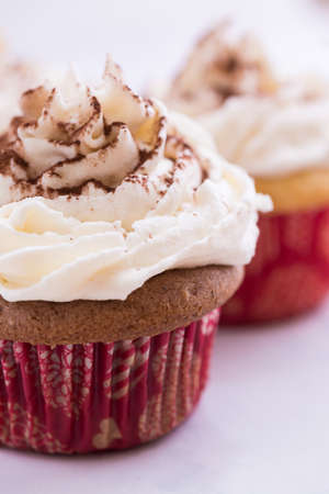 Close-Up of Chocolate and Vanilla Cupcakes with Vanilla Buttercream Icingの写真素材