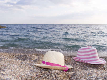 Stage on a sea beach with hatsの写真素材