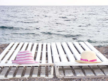 Stage on a sea beach with hatsの写真素材