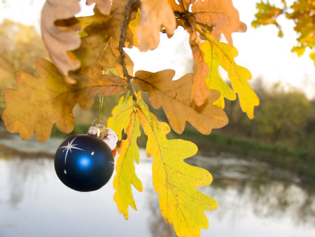 Tree with autumn leaves and fur-tree toys on a background of lake