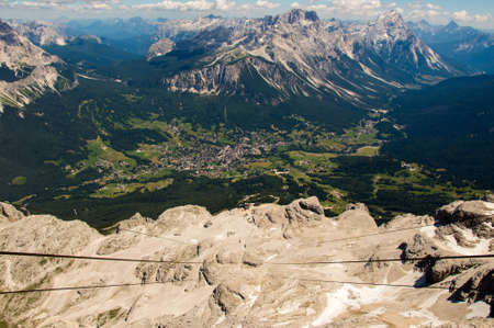 Cable car lines running downwards from Tofane, Cortina dの写真素材