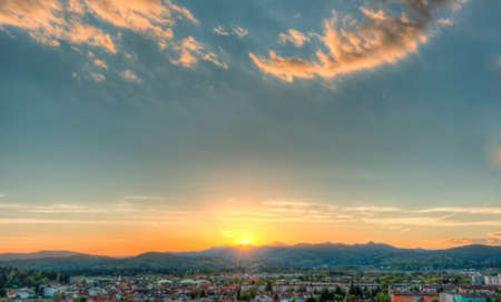 City view with a sunset, Ljubljana, Sloveniaの写真素材