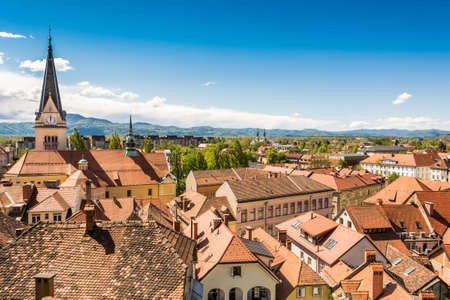 Panoramic view of old city district with a church, Ljubljana, Sloveniaの写真素材