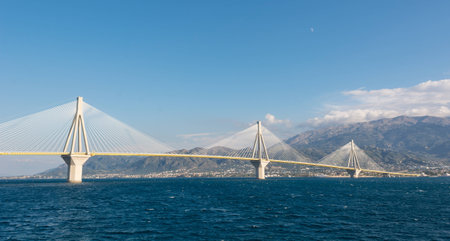 Suspension bridge crossing Corinth Gulf Strait, Greece.の写真素材