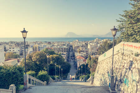 Staircase descending into a city, Patras, Greeceの写真素材