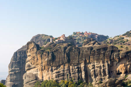 Monasteries build on top of sandstone ridge, Meteora, Greeceの写真素材