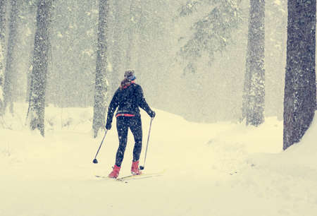 Cross country skier tackling bad weather conditions.の写真素材