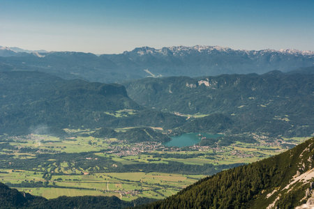 Aerial view of fields and lake. Lake Bled, Slovenia.の写真素材