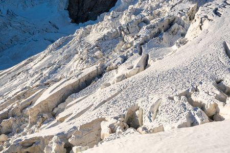 Alpine glacier. Many cracks breaking the ice. Monte Rosa.