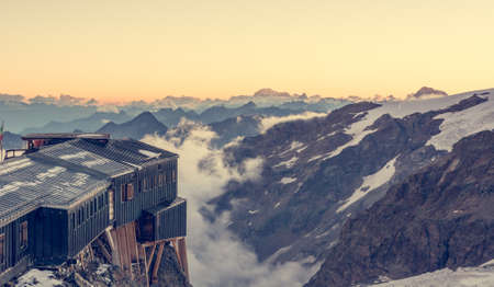 Alpine resort at sunset. Sunset behind Mont Blanc.の写真素材