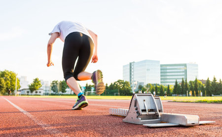 Side view of sprinter launching from a starting block.