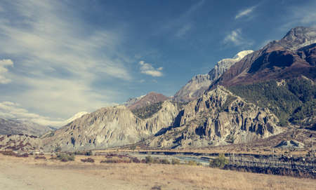Idyllic mountein valley on a trekking path around Annapurnas. Nepal.の写真素材