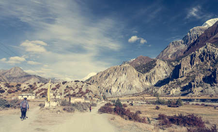 Idyllic mountein valley on a trekking path around Annapurnas. Nepal.の写真素材